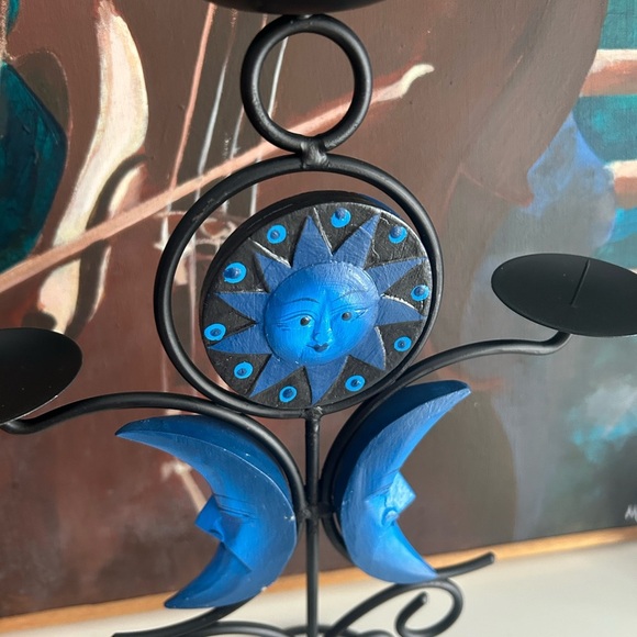 Celestial Vintage 90s Sun Moon Blue 3 Candle Holder - Picture 3 of 12